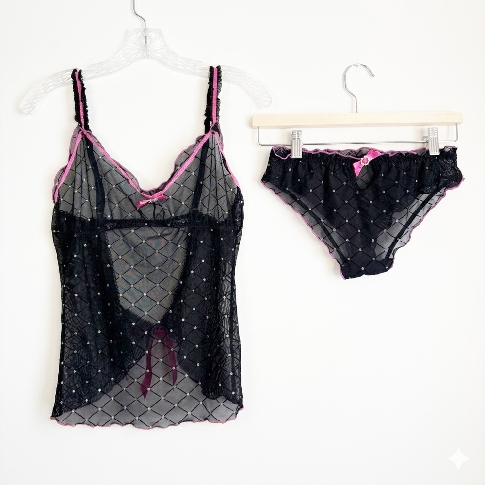 IC COLLECTION Black Mesh Chemise and Panties with Pink Trim, Bows, 🩷 Charms